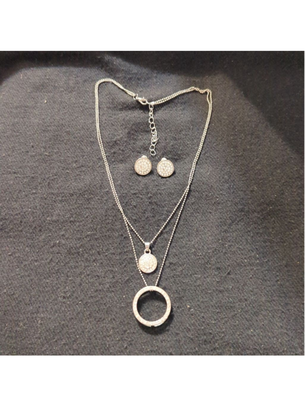 Silver Tone Clear Rhinestone Double Strand Statement Necklace and Earrings Set